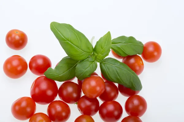 Fresh cherry tomatoes with basil, on white background — Stock Photo, Image