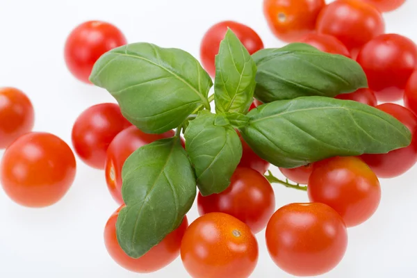 Fresh cherry tomatoes with basil, on white background — Stock Photo, Image