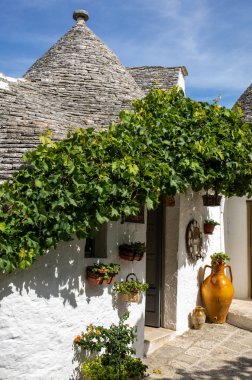 Alberobello, İtalya - 16 Eylül 2019: Trulli köyünde geleneksel beyaz evler. Alberobello, İtalya. Yapım tarzı İtalya 'nın Apulia bölgesindeki Murge bölgesine özgüdür (İtalyan Puglia bölgesinde). Kireç taşı ve temel taştan yapılmış..