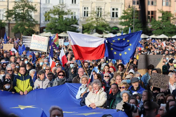 Краків Польща Жовтня 2021 Залишаємося Уряд Виходить Люди Протестують Проти — стокове фото