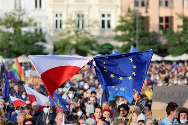 Краків Польща Жовтня 2021 Залишаємося Уряд Виходить Люди Протестують Проти — стокове фото
