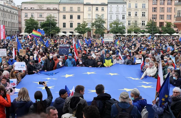 Краків Польща Жовтня 2021 Залишаємося Уряд Виходить Люди Протестують Проти — стокове фото