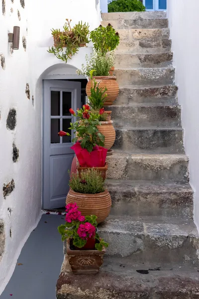 Pots Fleurs Céramique Sur Des Marches Pierre Raide Imergovigli Santorin — Photo