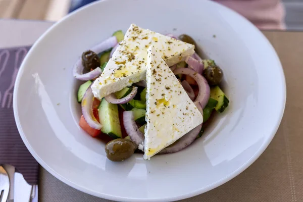 Грецький Салат Сиром Фета Типовий Грецький Обід — стокове фото