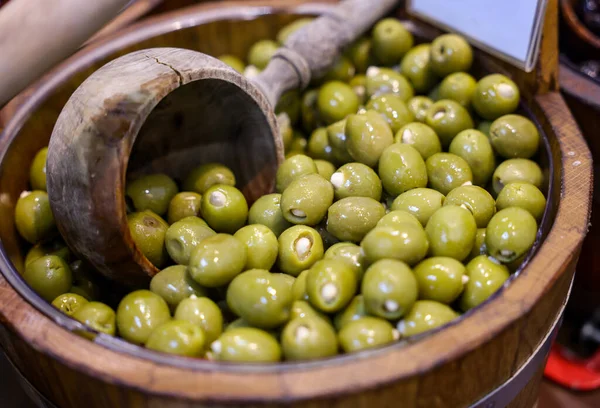 Stuffed Green Olives Old Wooden Bowl — Stock Photo, Image