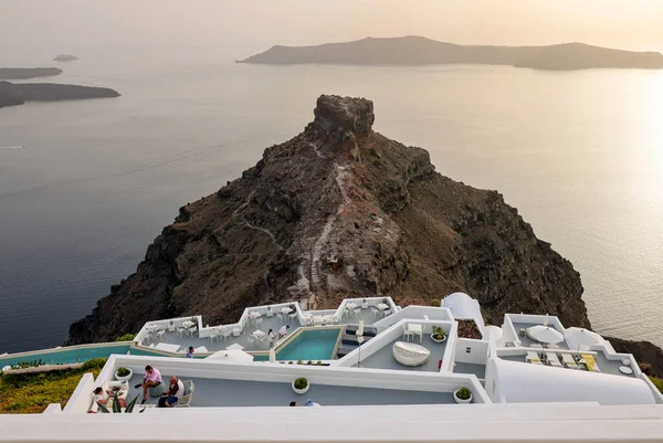 Imerovigli Santorini Grecia Julio 2021 Mesas Terraza Del Restaurante Con — Foto de Stock