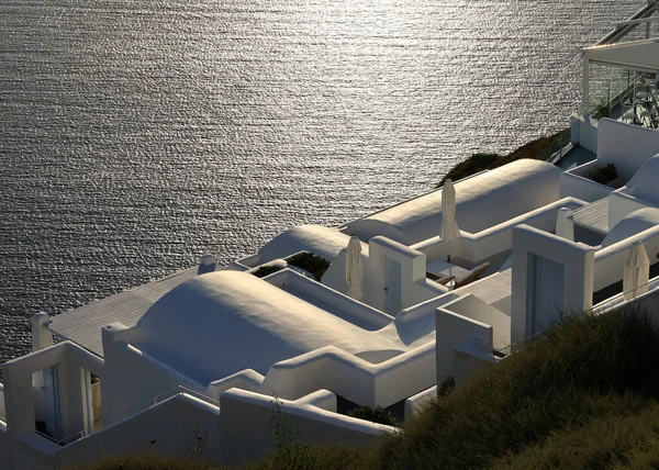 Whitewashed Houses Terraces Pools Beautiful View Imerovigli Santorini Island Greece — Fotografia de Stock
