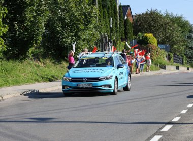 Krakow, Poland - August 5, 2022:  Cofidis Team vehicle on the route of Tour de Pologne UCI  World Tour, stage 7 Skawina - Krakow. The biggest cycling event in Eastern Europe