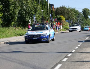 Krakow, Poland - August 5, 2022:  Cofidis Team vehicle on the route of Tour de Pologne UCI  World Tour, stage 7 Skawina - Krakow. The biggest cycling event in Eastern Europe