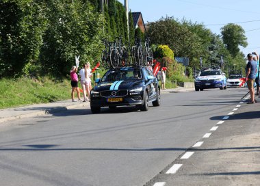Krakow, Poland - August 5, 2022:  Cofidis Team vehicle on the route of Tour de Pologne UCI  World Tour, stage 7 Skawina - Krakow. The biggest cycling event in Eastern Europe