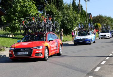 Krakow, Poland - August 5, 2022:  EF Education Easypost Team vehicle on the route of Tour de Pologne UCI  World Tour, stage 7 Skawina - Krakow. The biggest cycling event in Eastern Europe