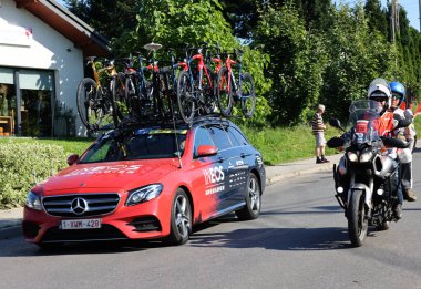 Krakow, Poland - August 5, 2022:  EF Education Easypost Team vehicle on the route of Tour de Pologne UCI  World Tour, stage 7 Skawina - Krakow. The biggest cycling event in Eastern Europe