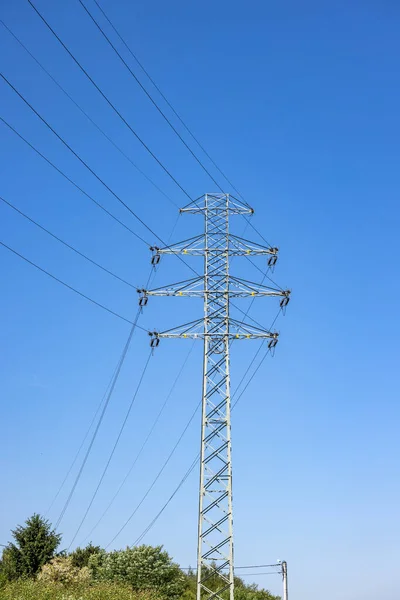 High Voltage Power Pole Lines Blue Sky — Stock Fotó