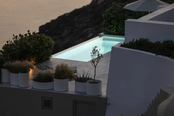 Beleuchteter Pool Mit Meerblick Fira Santorin Griechenland — Stockfoto