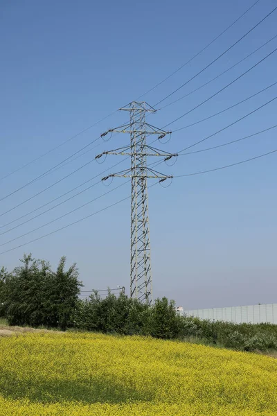 High Voltage Power Pole Lines Blue Sky — Stockfoto