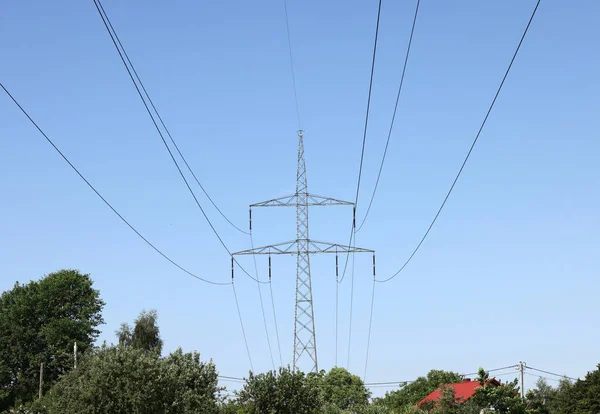 High Voltage Power Pole Lines Blue Sky — Stock Fotó