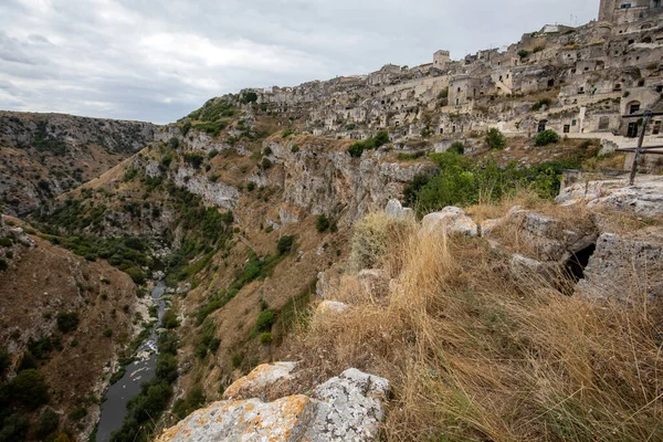 View Gravina River Canyon Park Rupestrian Churches Matera Houses Caves — Stock Photo, Image