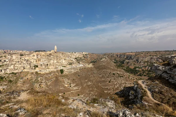 Panoramatický Výhled Sassi Matera Historickou Čtvrť Městě Matera Známou Svými — Stock fotografie