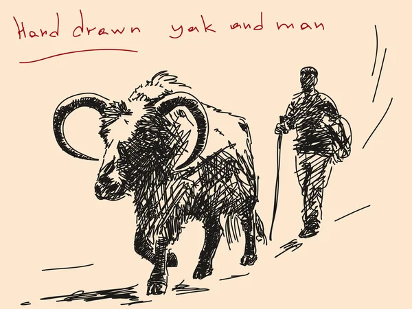 Yak desenhado à mão e homem Vector — Vetor de Stock
