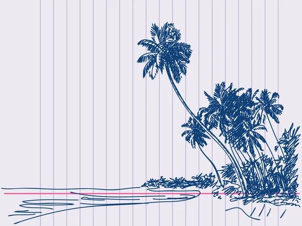 手工绘制的海滩和棕榈树 — 图库矢量图片