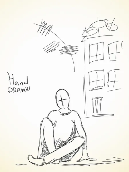 Schizzo disegnato a mano di siting uomo e casa — Vettoriale Stock