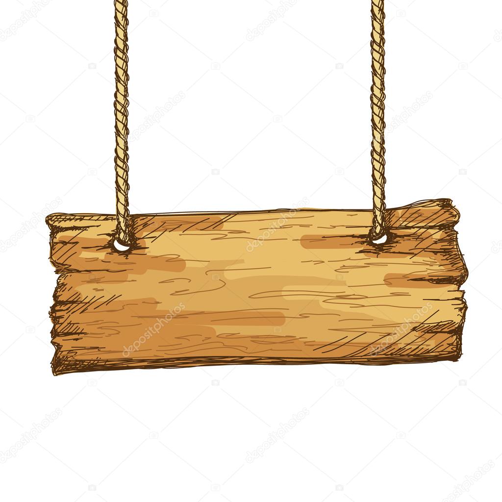 Hand drawn wooden sign board hanging on rope