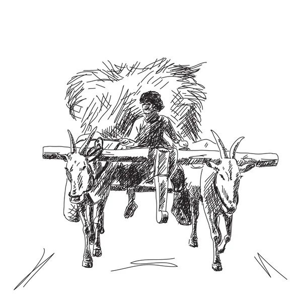 Vaca carrega carrinho com agricultor desenhado à mão — Vetor de Stock