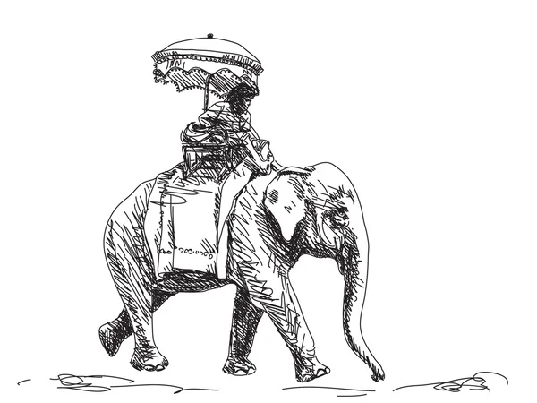 Hand dras elefant med mannen och paraply — Stock vektor