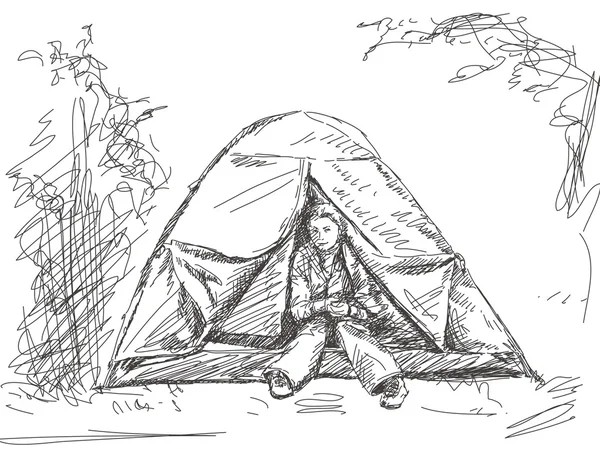 텐트에 여자 — 스톡 벡터