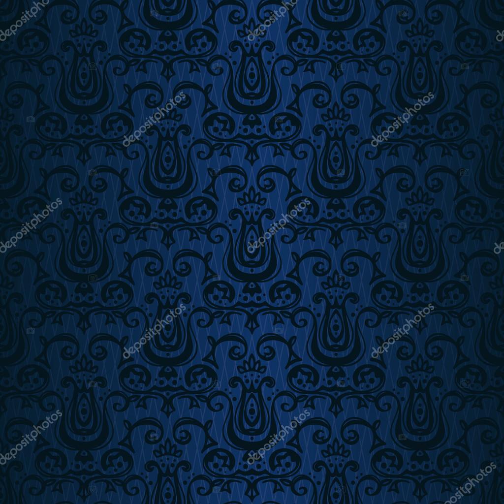 Dark Blue Damask Wallpaper