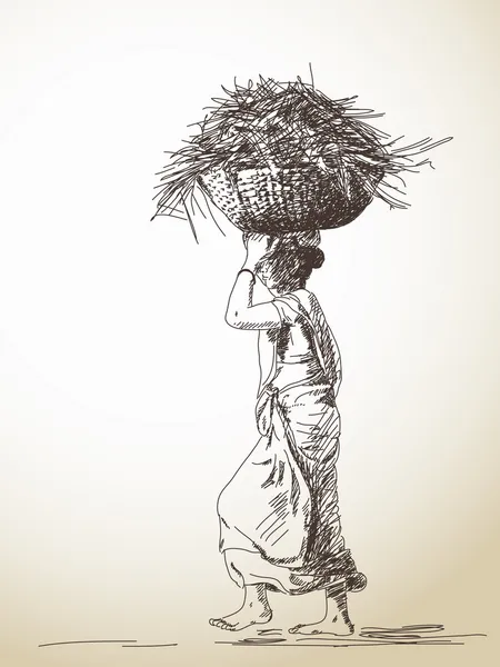 Indian femeie transporta coș pe cap — Vector de stoc