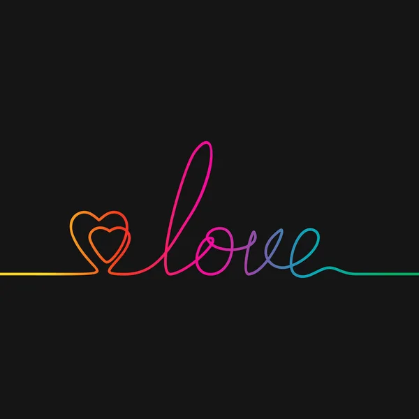 Linje Ritning Två Hjärtan Och Ordet Kärlek Rainbow Färger Svart — Stock vektor