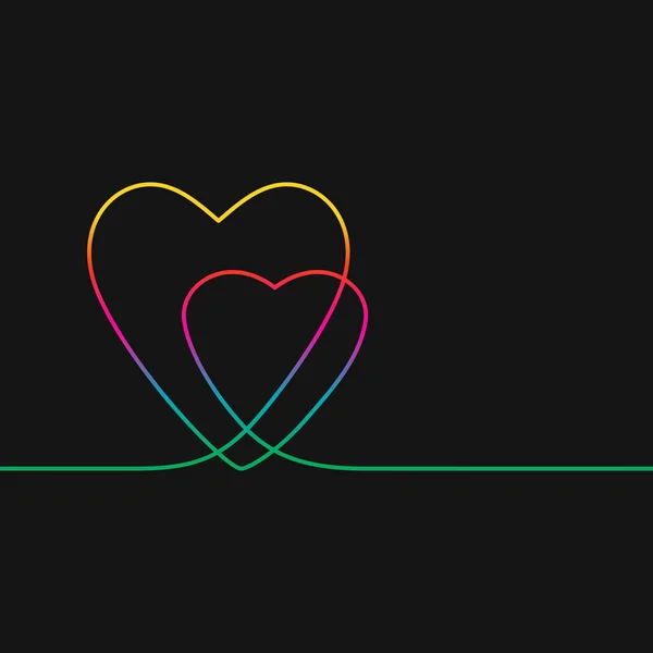 Eine Linienzeichnung Von Zwei Herzen Regenbogenfarben Auf Schwarzem Hintergrund Vektor — Stockvektor