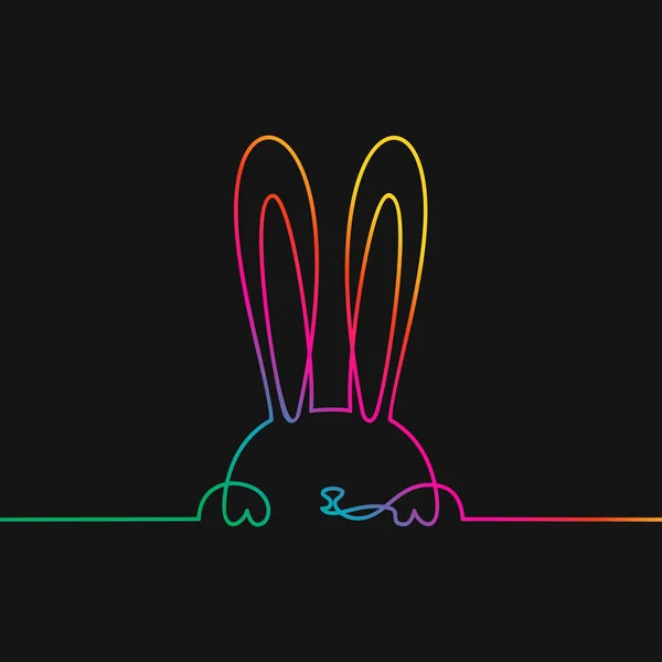 东方兔的一条线绘图 用连续线在黑色背景矢量上绘制彩虹色简约线性图 — 图库矢量图片