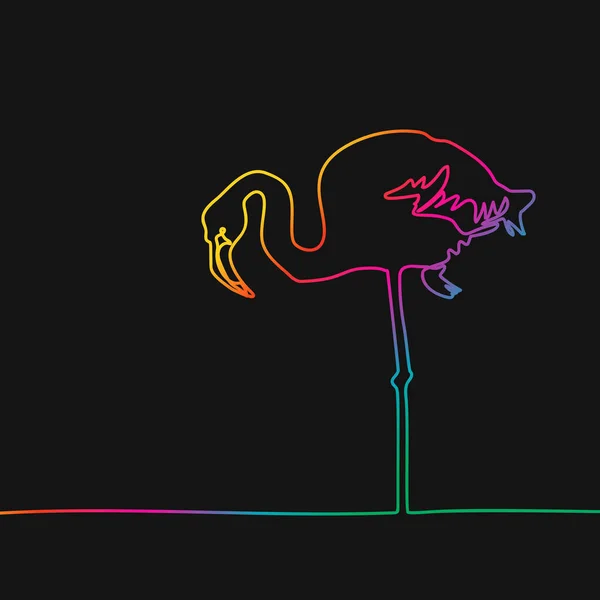 Linje Ritning Flamingo Vistas Ett Ben Rainbow Färger Svart Bakgrund — Stock vektor