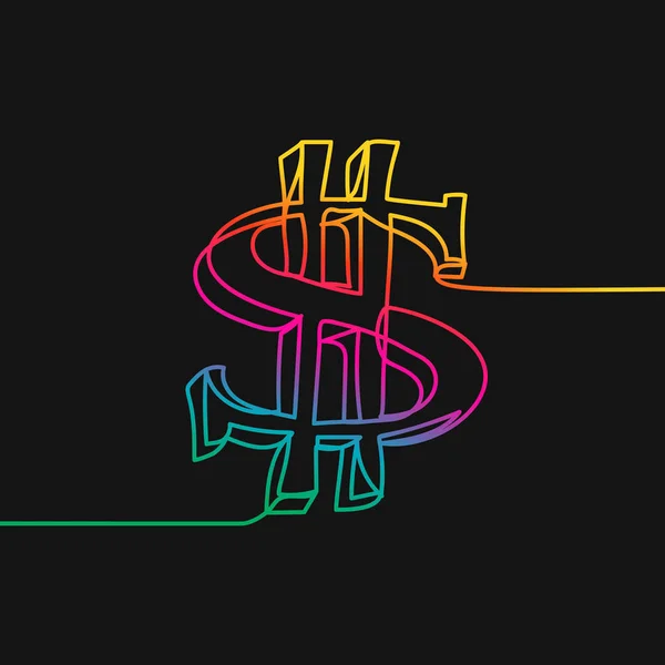 One Line Drawing Dollar Sign Rainbow Colors Black Background Vector — Stock Vector