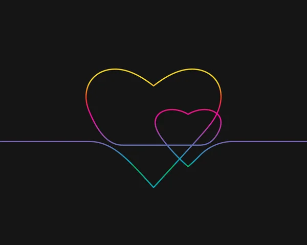 2つの心の一本の線画 黒の背景ベクトル上の虹色連続線で作られた愛の概念のミニマルな線形イラスト — ストックベクタ