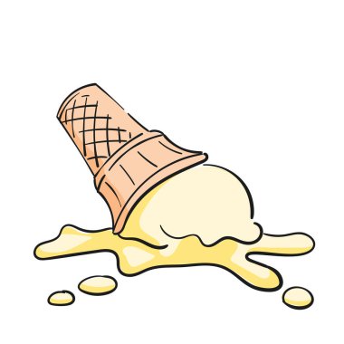 Beyaz arka planda izole edilmiş eritilmiş dondurma karikatürü. Waffle kabında bir kepçe dondurmanın vektör çizimi.
