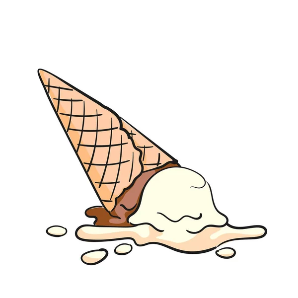 Dropped Sorvete Doodle Duas Colheres Baunilha Chocolate Sorvete Waffle Cone — Vetor de Stock