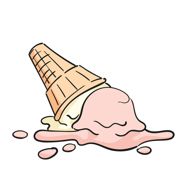 Dropped Ice Cream Doodle Two Scoops Wafelkegel Geïsoleerde Clipart Witte — Stockvector