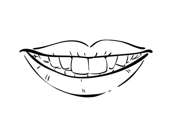 Labios Sonrientes Aislados Con Dientes Sanos Ilustración Arte Línea Dibujada — Archivo Imágenes Vectoriales