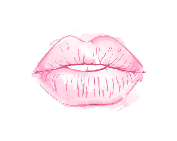Полуоткрытый рот с пухлыми губами поцелуй розовый акварель и линии искусства, нарисованные вручную векторные иллюстрации изолированы