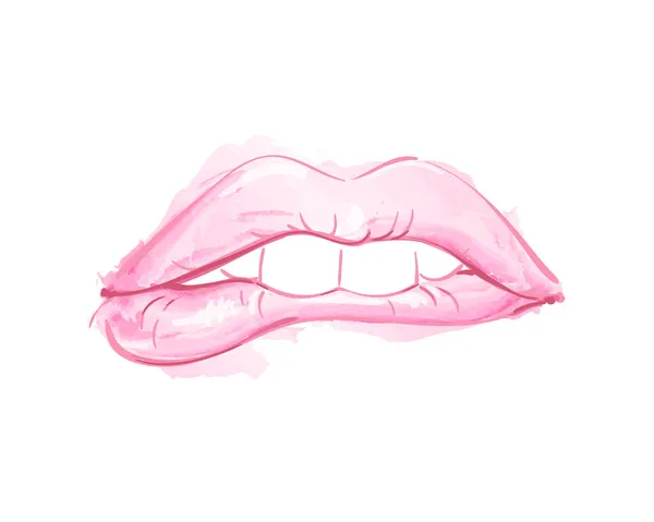 Sexy Morder Los Labios Acuarela Rosa Arte Línea Ilustración Vectorial — Archivo Imágenes Vectoriales