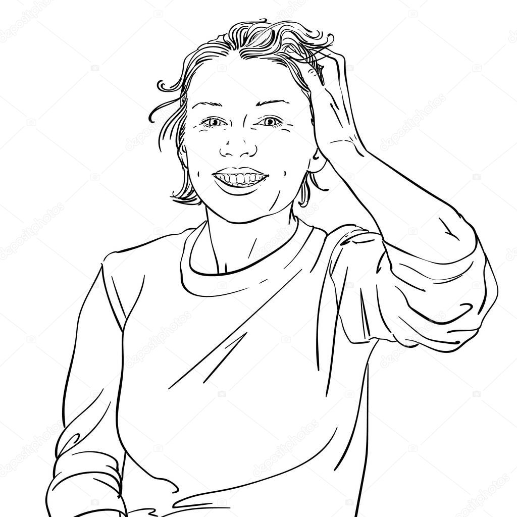 Beautiful happy woman touches her head, Vector sketch, Hand drawn illustration Line art