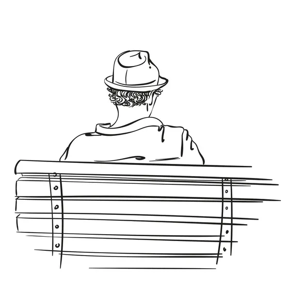 头戴帽子的人物画坐在长椅上 从后面看 手绘矢量图以白色隔开 — 图库矢量图片