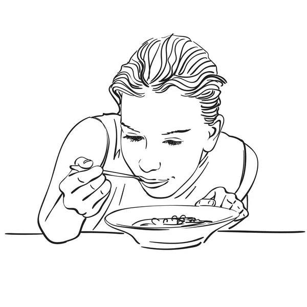 Дівчина Їсть Їжу Ложкою Тарілки Намальована Вручну Лінія Мистецтва Ілюстрація — стоковий вектор