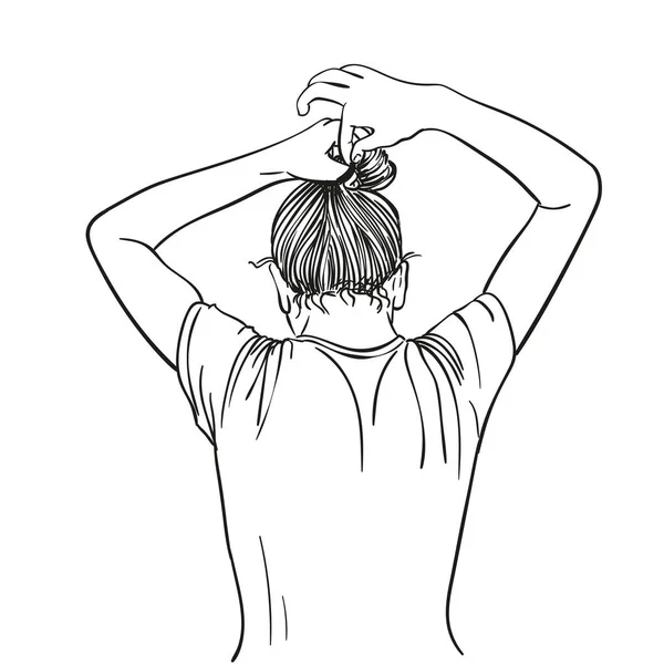 Fille Attacher Ses Cheveux Chignon Avec Bandeau Illustration Art Ligne — Image vectorielle