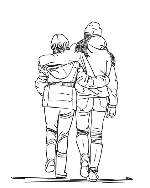 Schizzo Due Ragazze Amiche Camminare Abbracciando Vista Dietro Illustrazione Disegnata — Vettoriale Stock