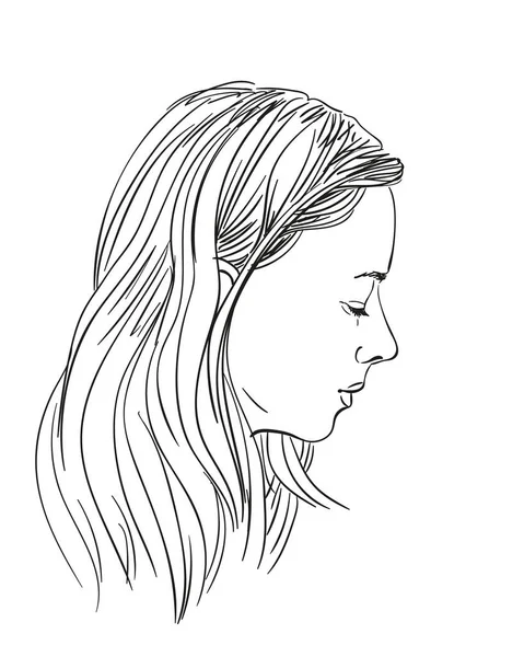 Портрет Молодой Длинноволосой Женщины Закрытыми Глазами Профиль Векторный Эскиз Изолирован — стоковый вектор