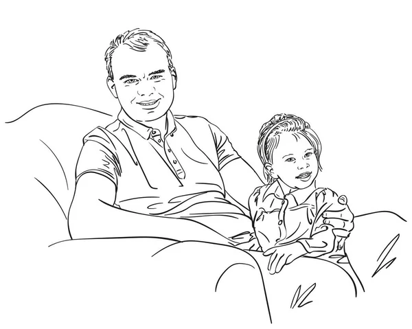 Çizimi Yakışıklı Baba Küçük Tatlı Kız Kanepede Birlikte Oturuyorlar Vektör — Stok Vektör